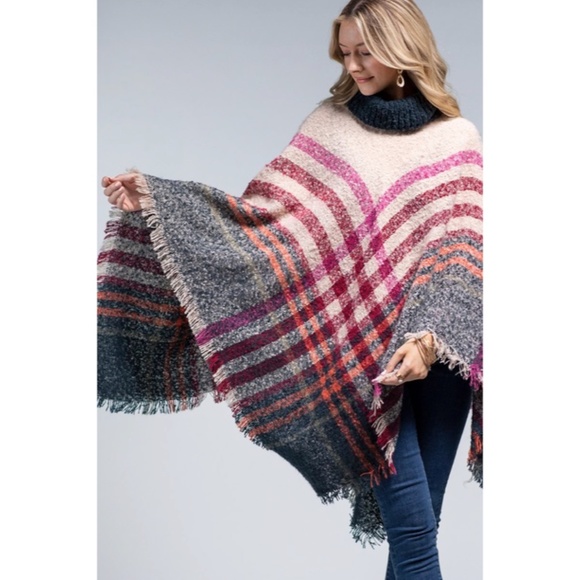 SOLD OUT Kansas Soft Boucle Knit Yarn Dye Plaid Turtleneck Poncho Womens Winter - Picture 6 of 6